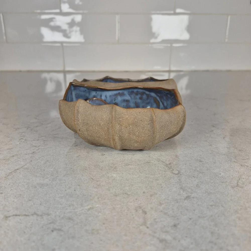 Barbara Walch Pinch Pottery Divided Stoneware Condiment Bowl Spoons Brown Blue